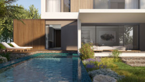 An exterior 3D rendering of a house with pool in foreground